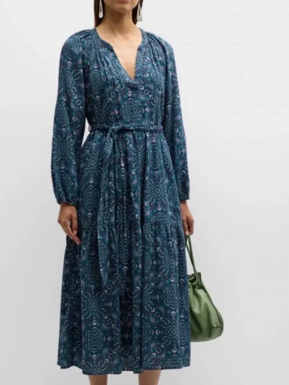 Xirena Ambrose Belted Tiered Midi Dress Blue Print Cotton Size S